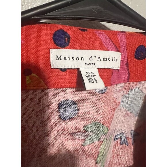 Maison d' Amelie Paris Women’s Small Funky Print Tie Front Linen Crop Top Blouse - Picture 3 of 5